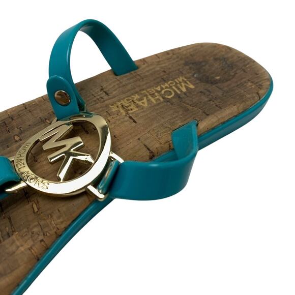 Michael Kors Teal Blue Gold Logo Thongs Sandals Flip Flops Shoes Flats sz 6 - Picture 8 of 16